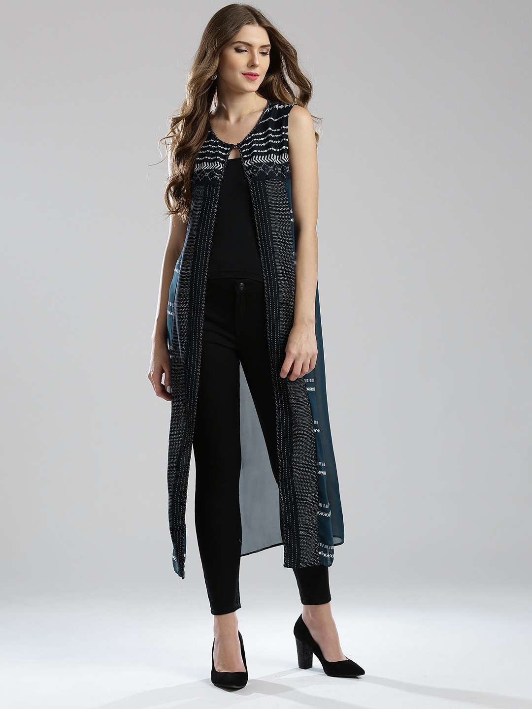 

W Women Navy Printed Longline Ethnic Jacket, Navy blue