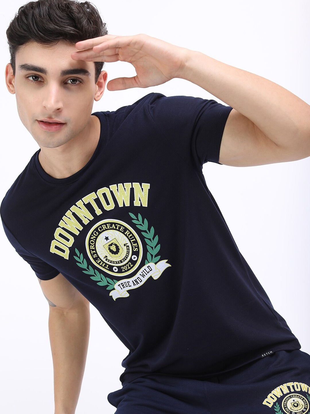 

KETCH Men Navy Blue & Yellow Typography Printed Slim Fit T-shirt