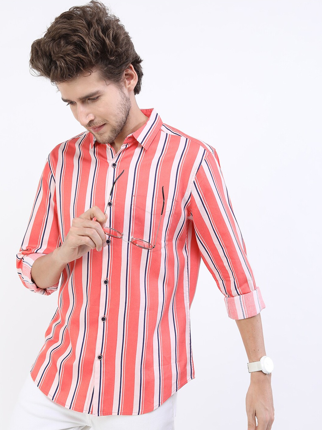 

KETCH Men Peach-Coloured Slim Fit Striped Casual Shirt