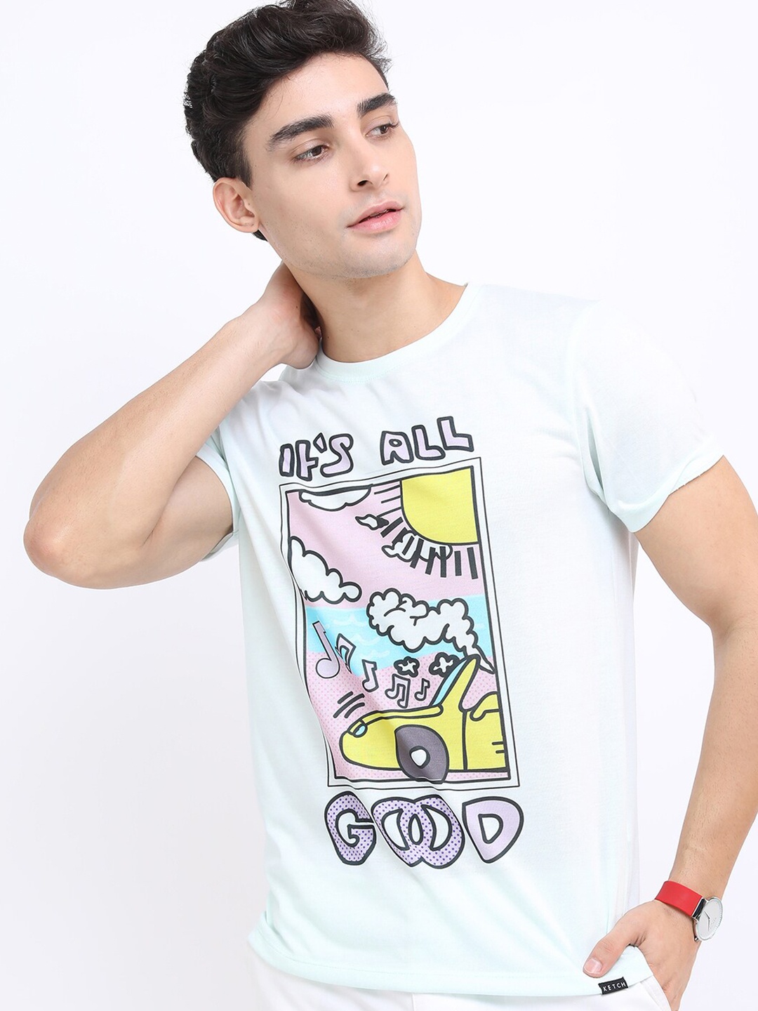 KETCH Men Sea Green Printed Slim Fit T-shirt