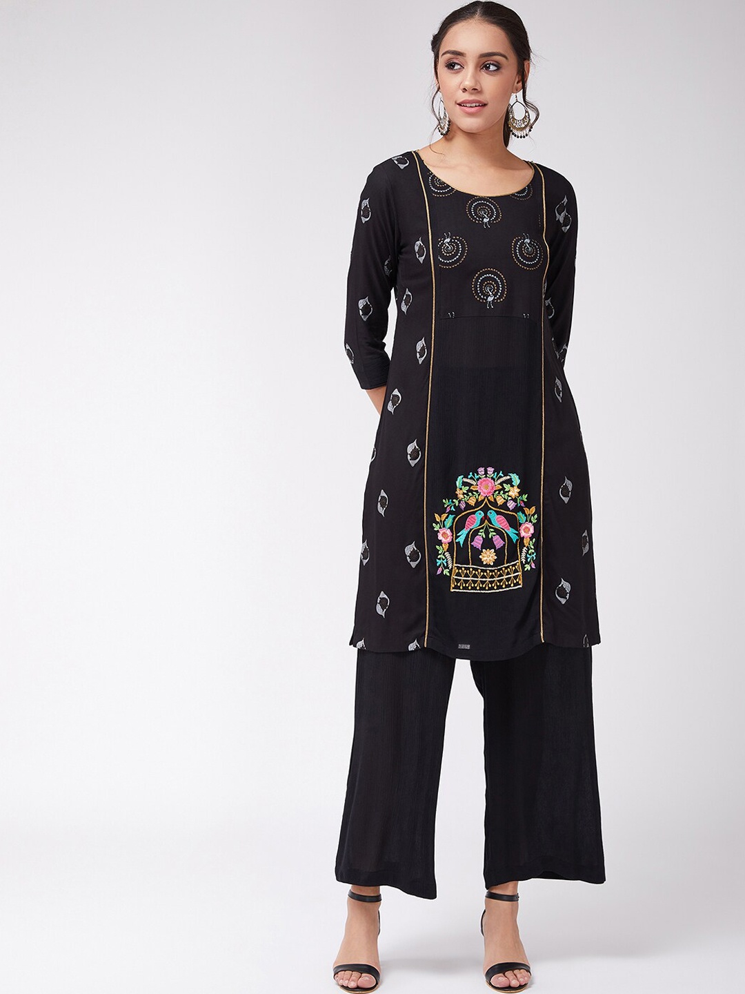 

Pannkh Women Printed Panelled Thread Work Kurta with Palazzo, Black