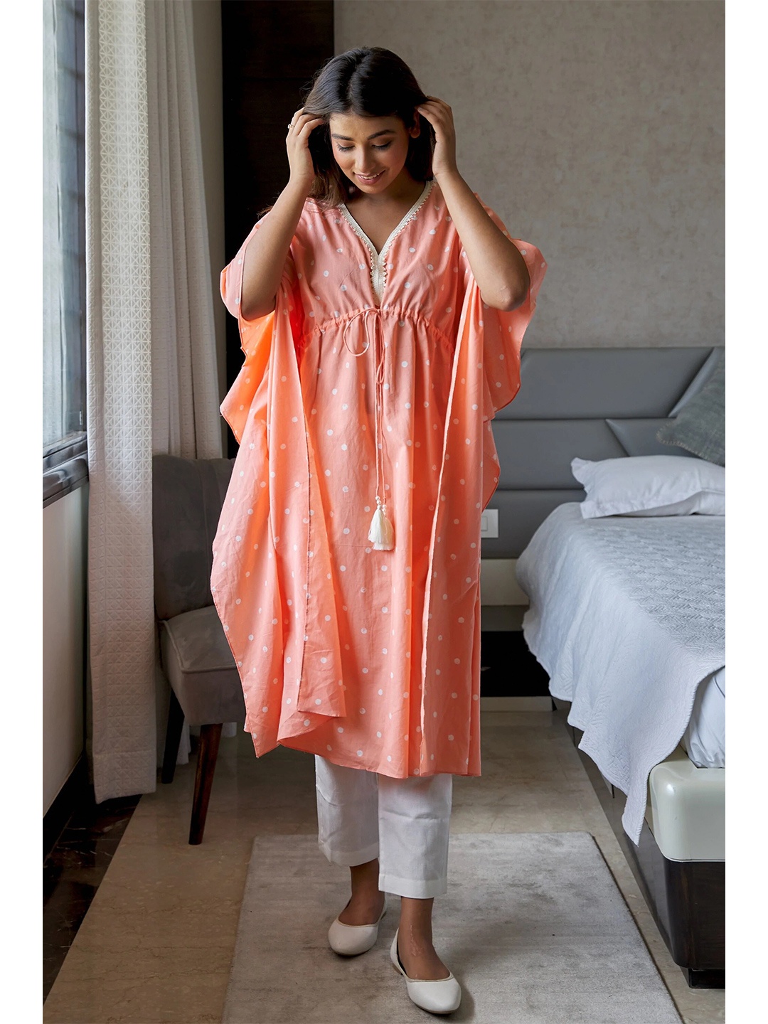 

NANGALIA RUCHIRA Women Peach Printed Cotton Kaftan Dress