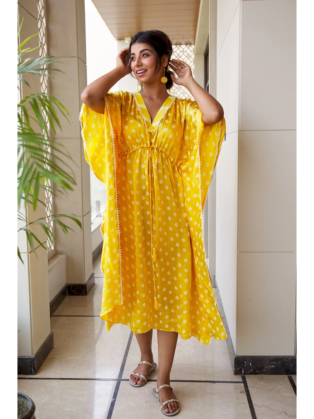 

NANGALIA RUCHIRA Women Yellow Printed Cotton Kaftan Dress