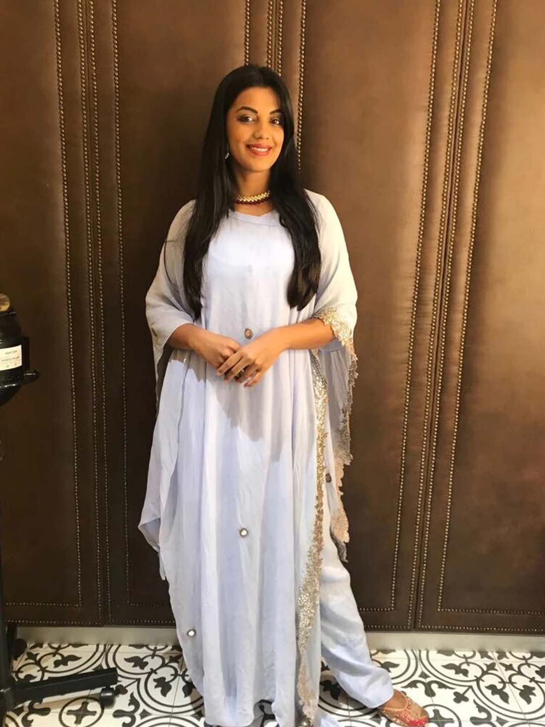 

NANGALIA RUCHIRA Women Georgette Top & Linen Pant with Gota Patti & Mirrior Work Cape, Blue