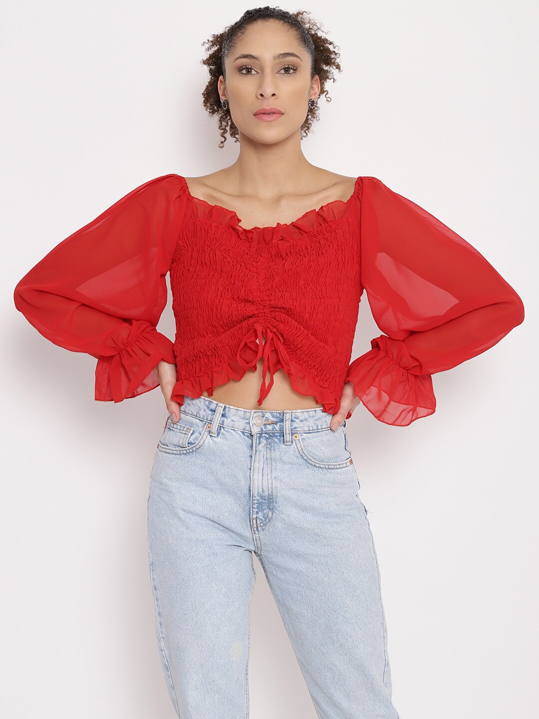 

Anaghakart Women Red Off-Shoulder Georgette Bardot Top