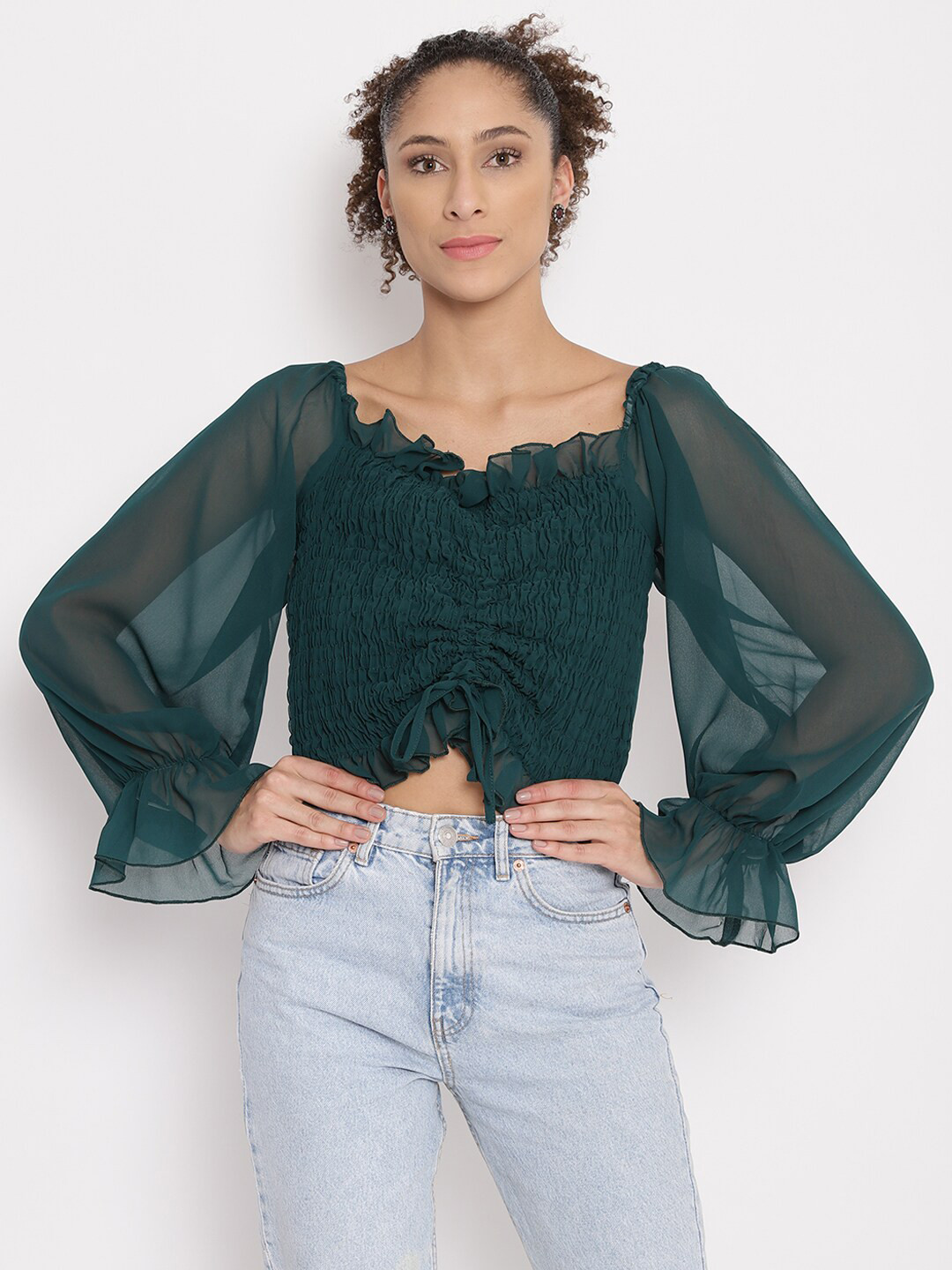 

Anaghakart Women Green Smocked Georgette Crop Top