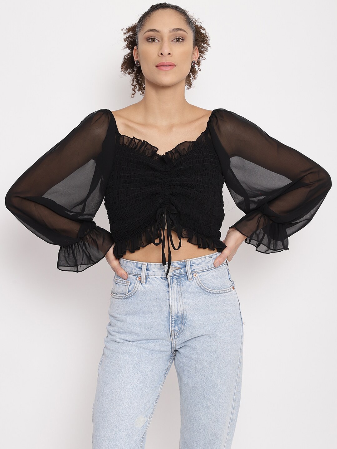 

Anaghakart Women Black Solid Smocking Sweetheart Neck Georgette Crop Top