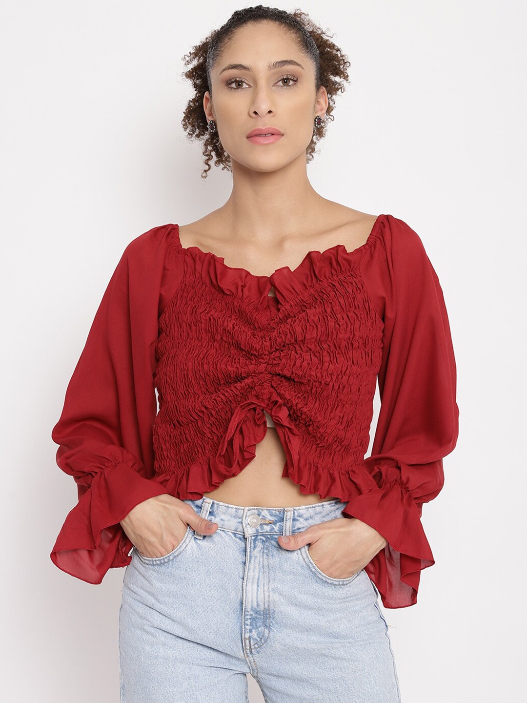 

Anaghakart Women Maroon Smoked Sweetheart Neck Georgette Crop Top