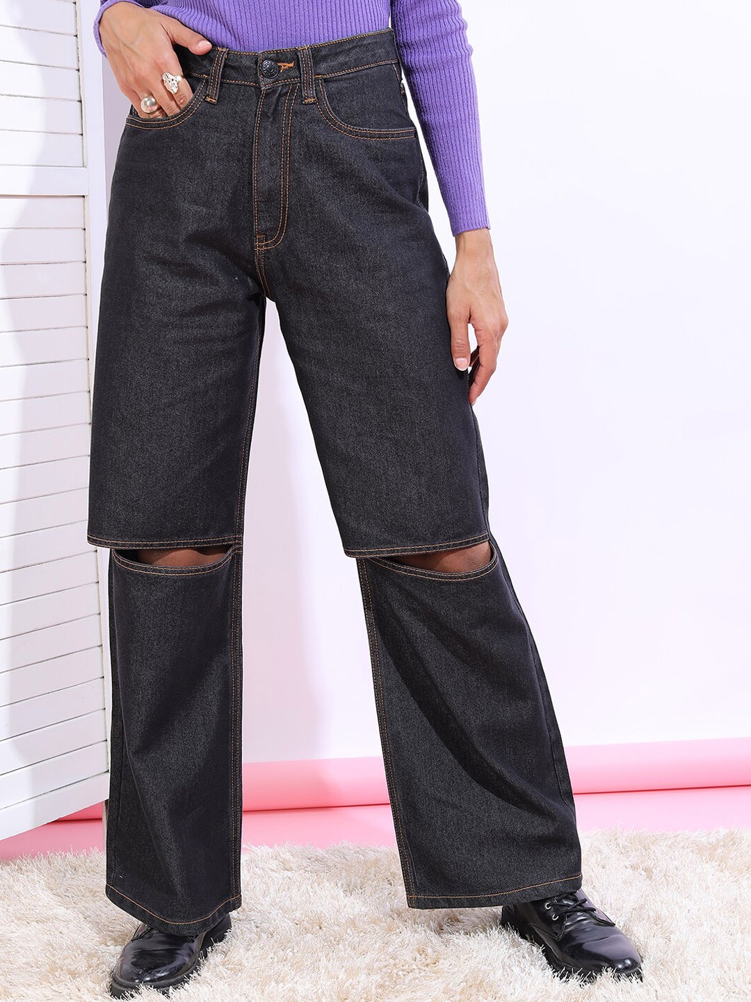 

Tokyo Talkies Women Black Slash Knee Dad Fit Jeans