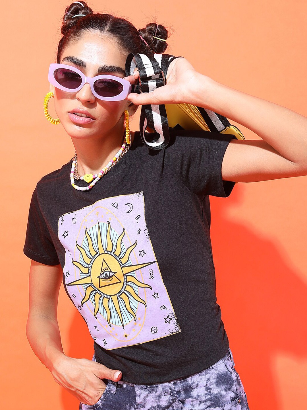 

Tokyo Talkies Women Printed Round Neck Slim Fit T-shirt, Black
