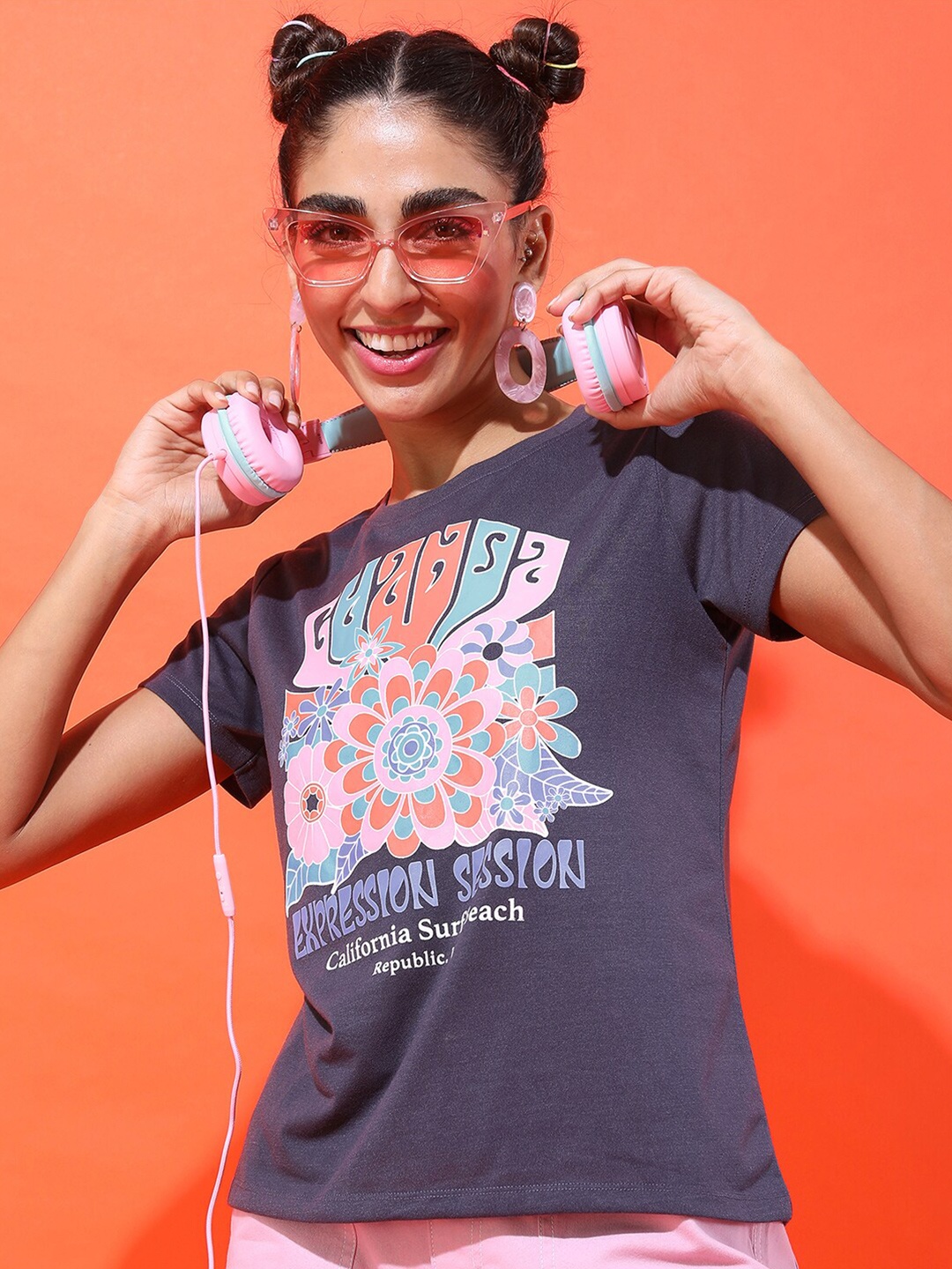 

Tokyo Talkies Women Grey Printed Slim Fit T-shirt