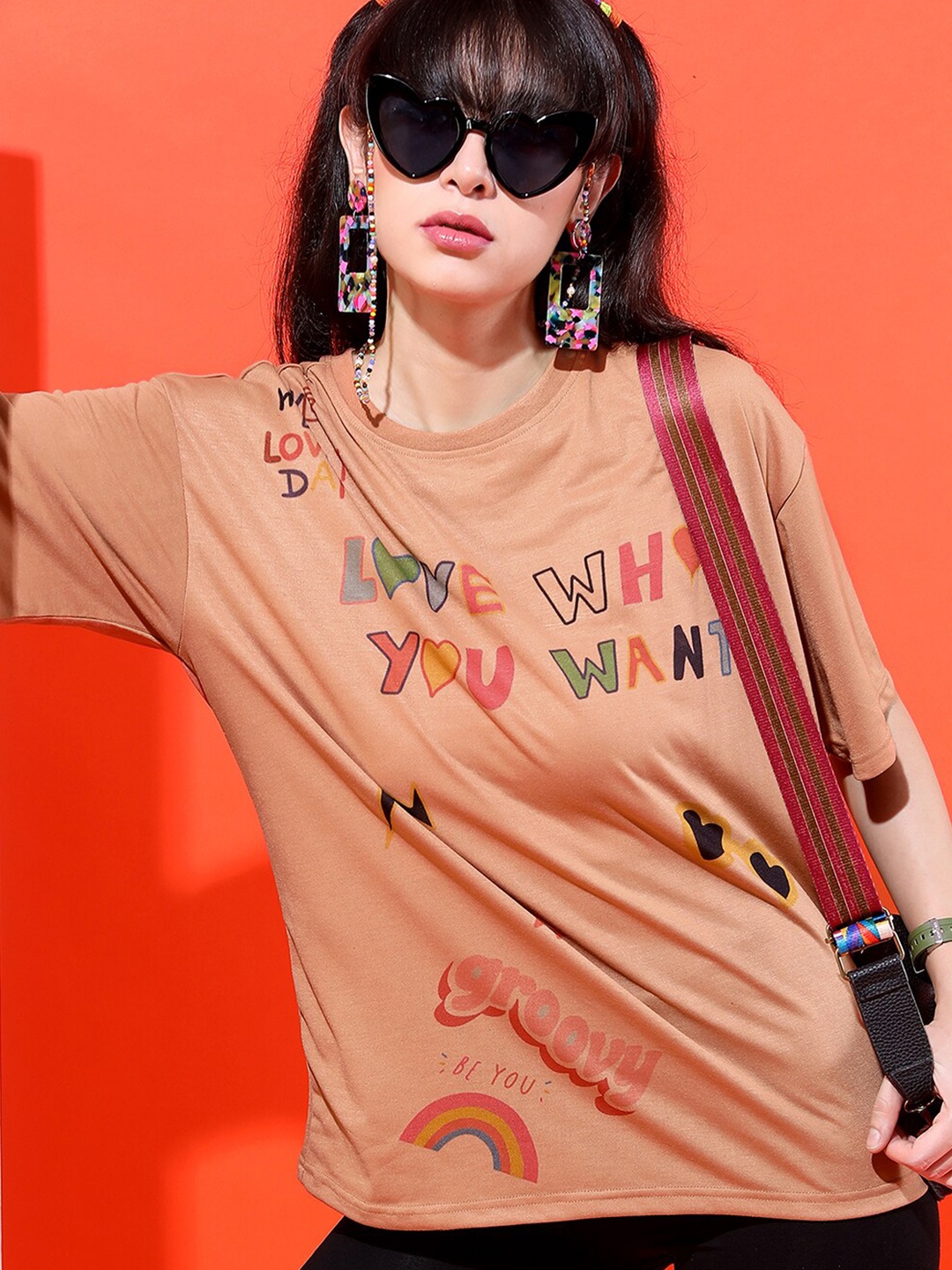 

Tokyo Talkies Typography Print Oversized T-shirt, Camel brown