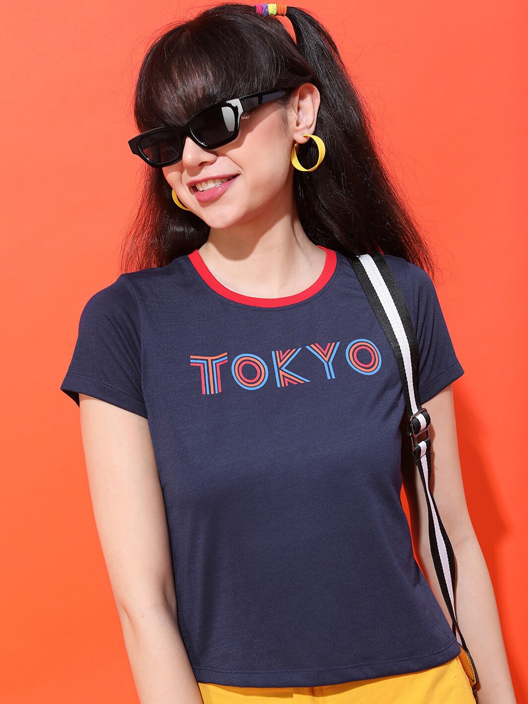 

Tokyo Talkies Women Navy Blue Typography Slim Fit T-shirt