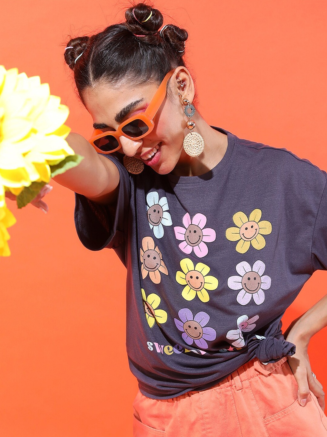 

Tokyo Talkies Women Printed Oversized T-shirt, Grey