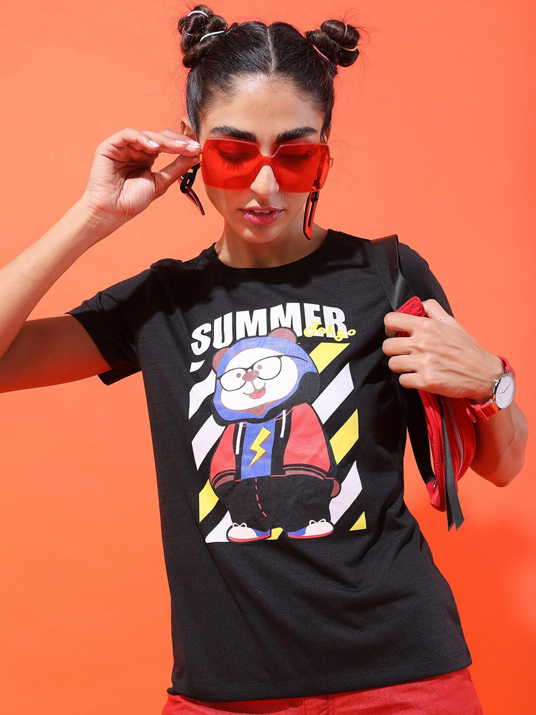 

Tokyo Talkies Women Black Printed Round neck Slim Fit T-shirt