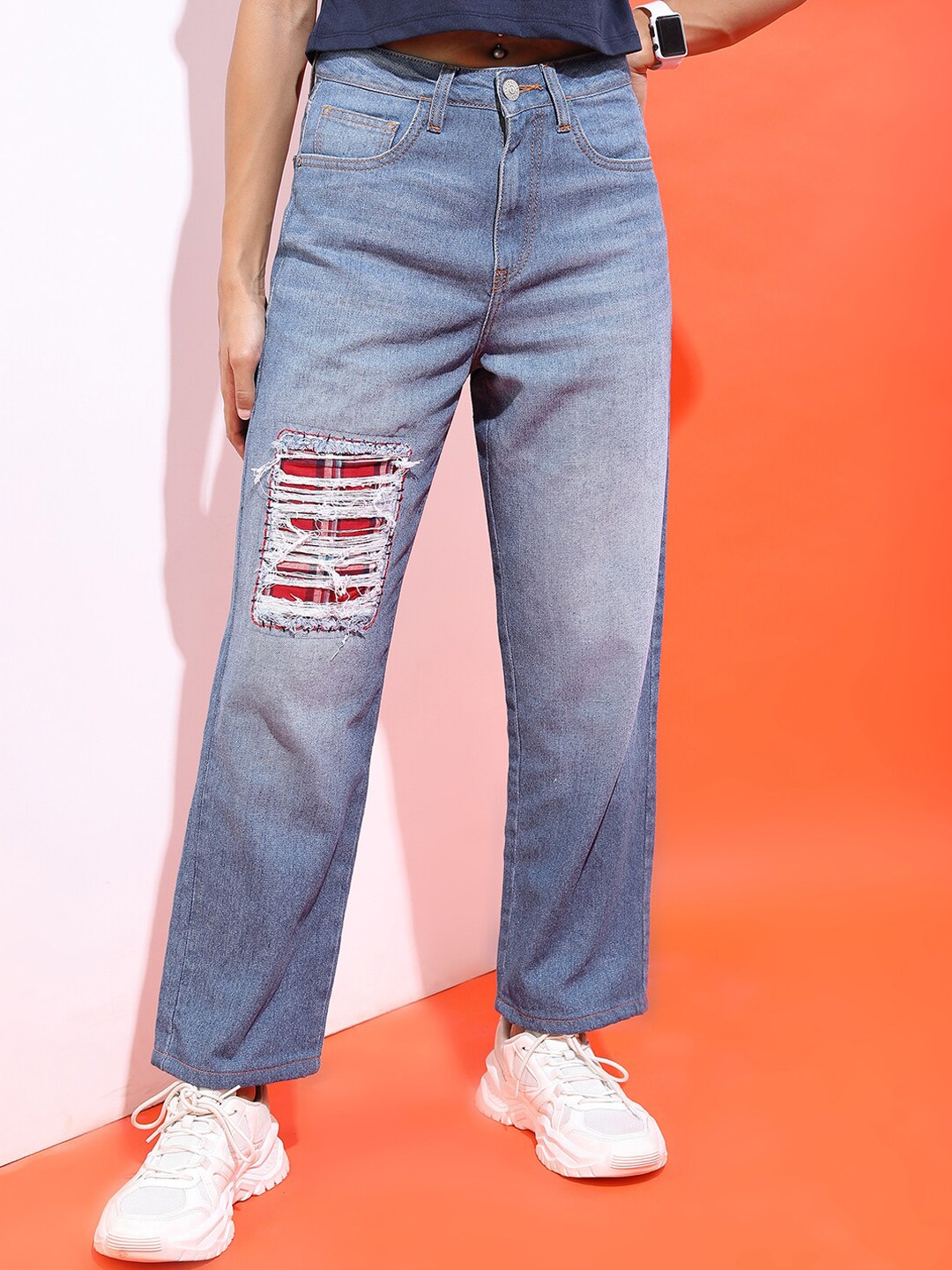 

Tokyo Talkies Women Blue Wide Leg Highly Distressed Light Fade Jeans