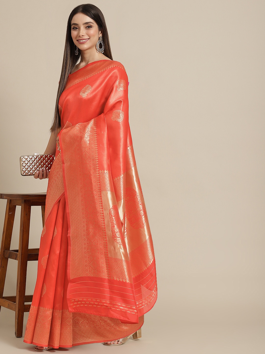 

Varanga Red & Gold Floral Zari Silk Blend Banarasi Saree