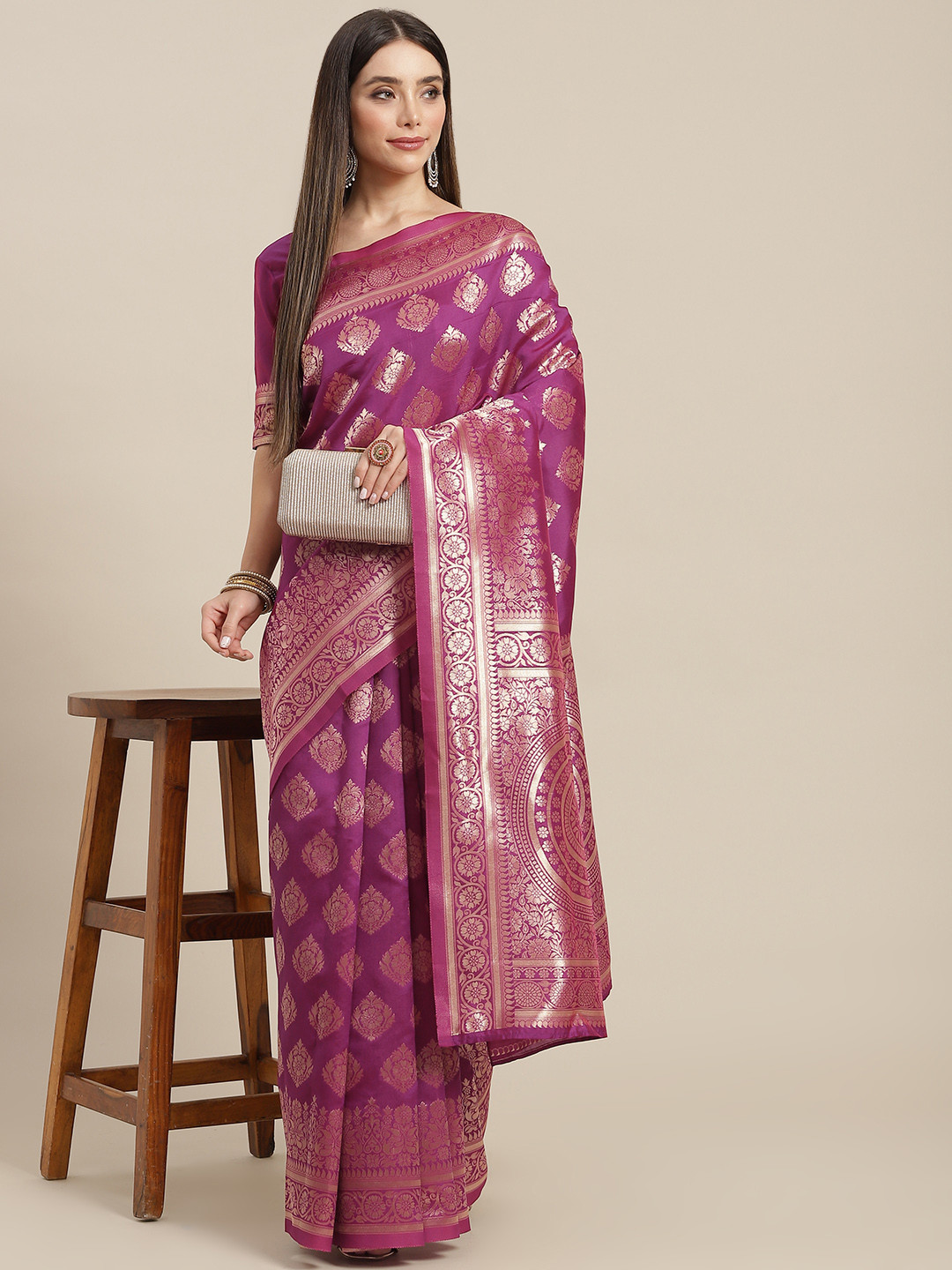 

Varanga Aubergine & Gold Floral Zari Silk Blend Banarasi Saree, Purple