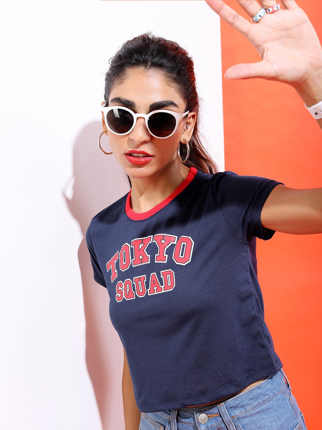 

Tokyo Talkies Women Navy Blue Typography Printed Applique Slim Fit T-shirt