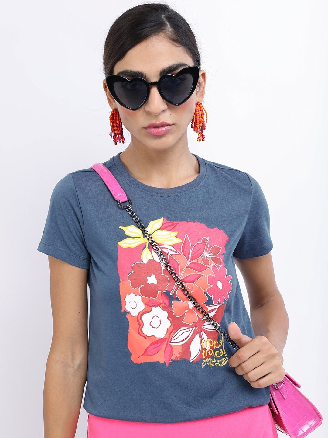 

Tokyo Talkies Women Blue Printed Slim Fit T-shirt
