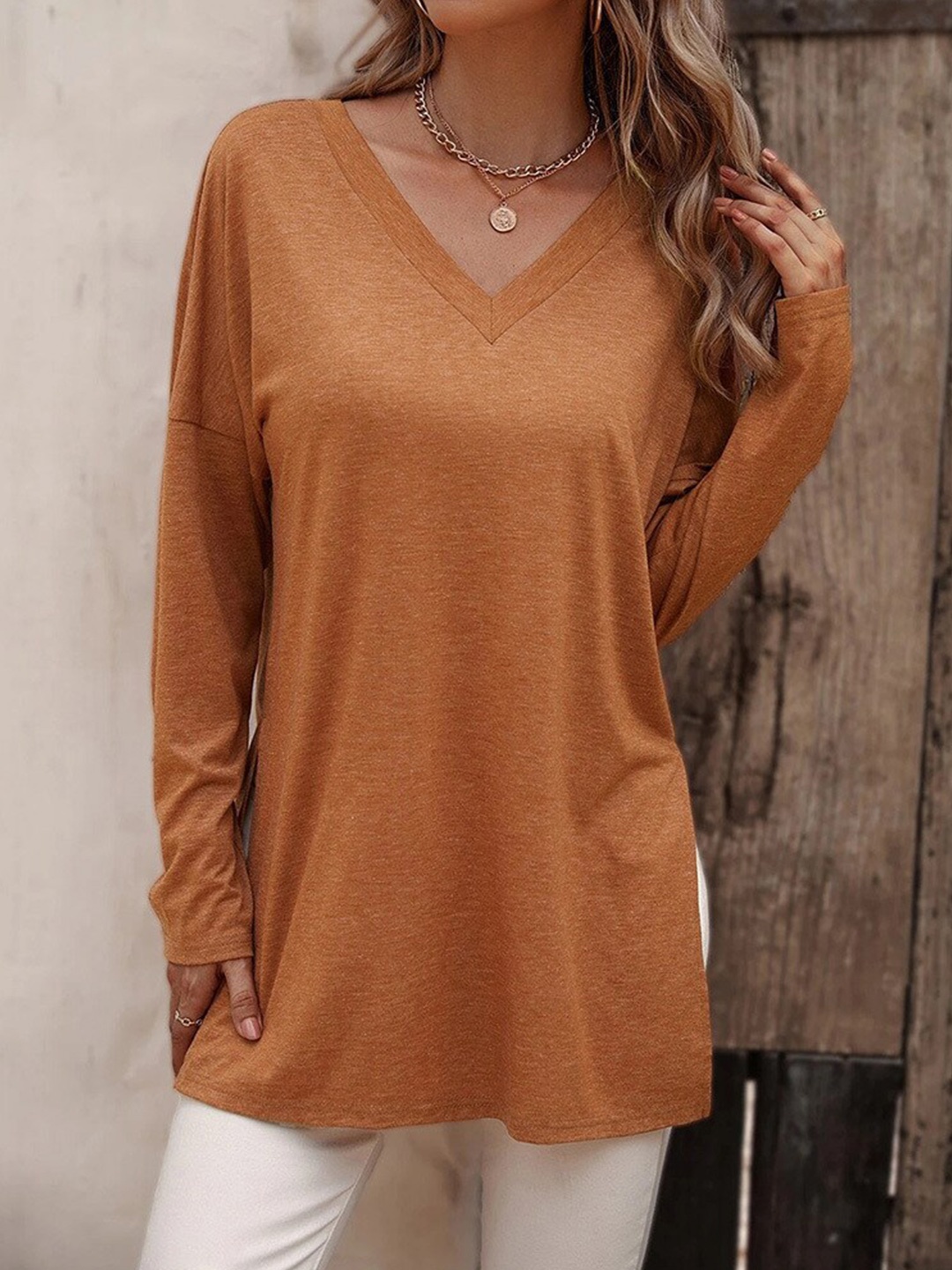 

BoStreet Women Orange Solid Extended Sleeves Longline Top