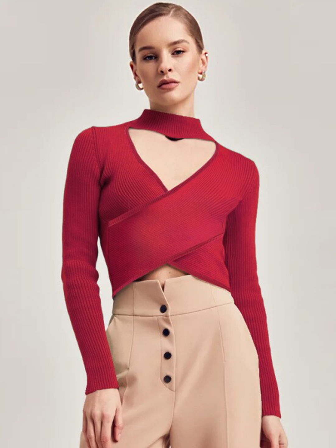 

BoStreet Women Red Solid Fitted Twisted Crop Top