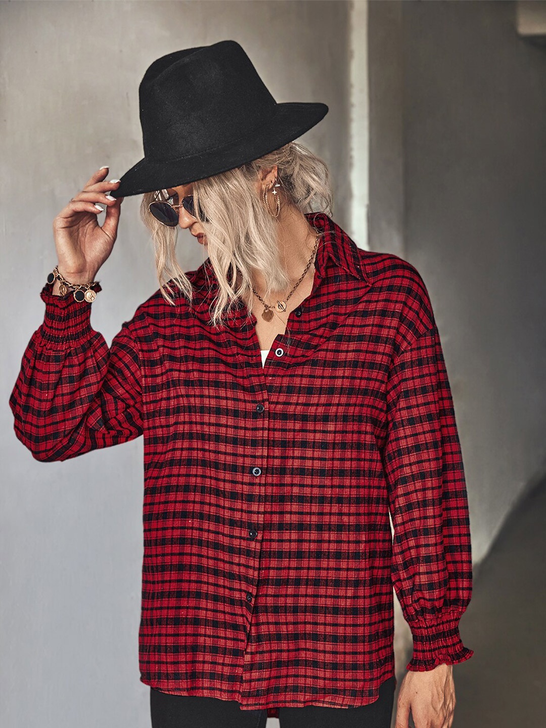 

BoStreet Women Red Checked Shirt Style Top