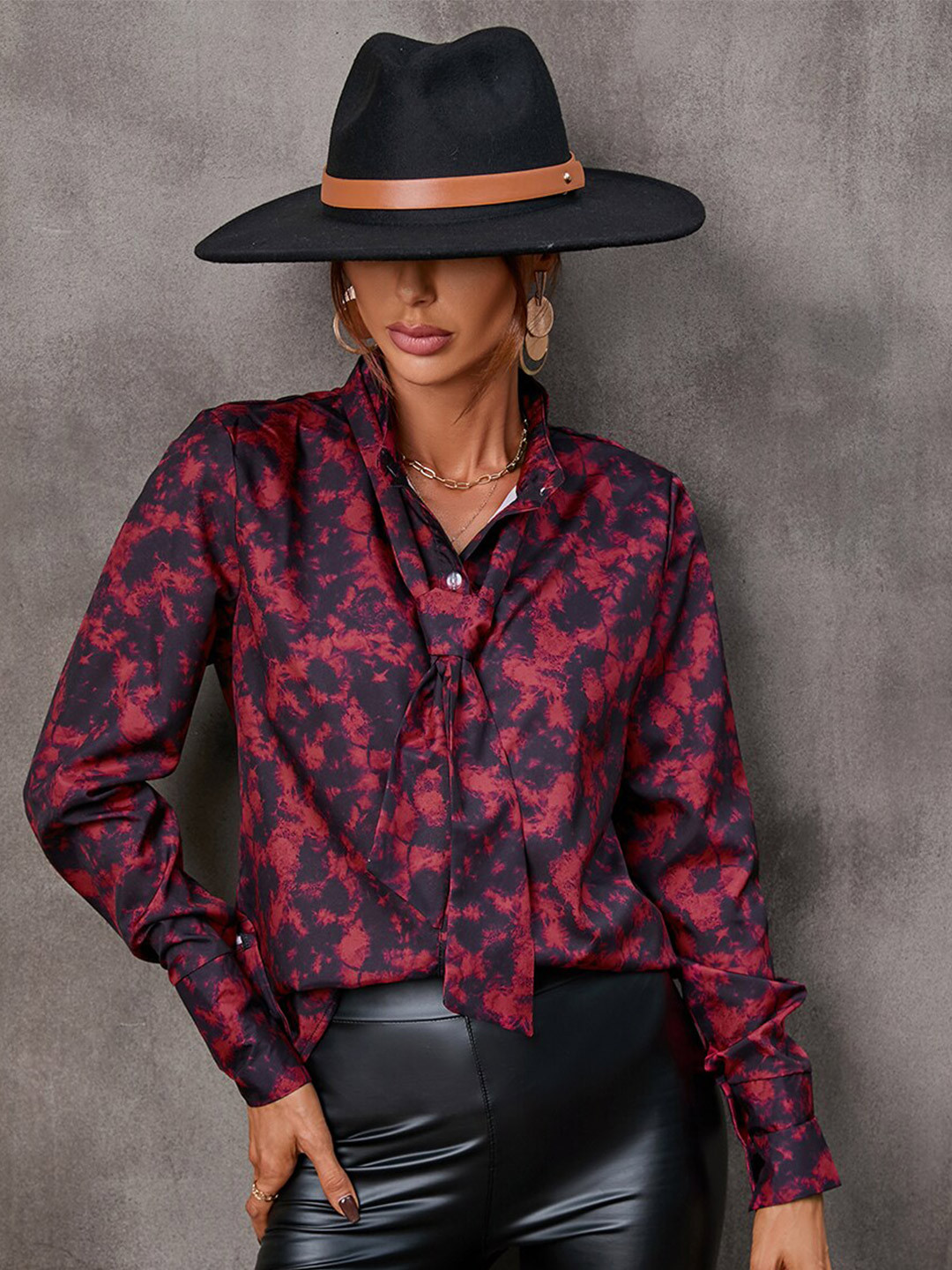 

BoStreet Women Black Printed Tie-Up Neck Shirt Style Top
