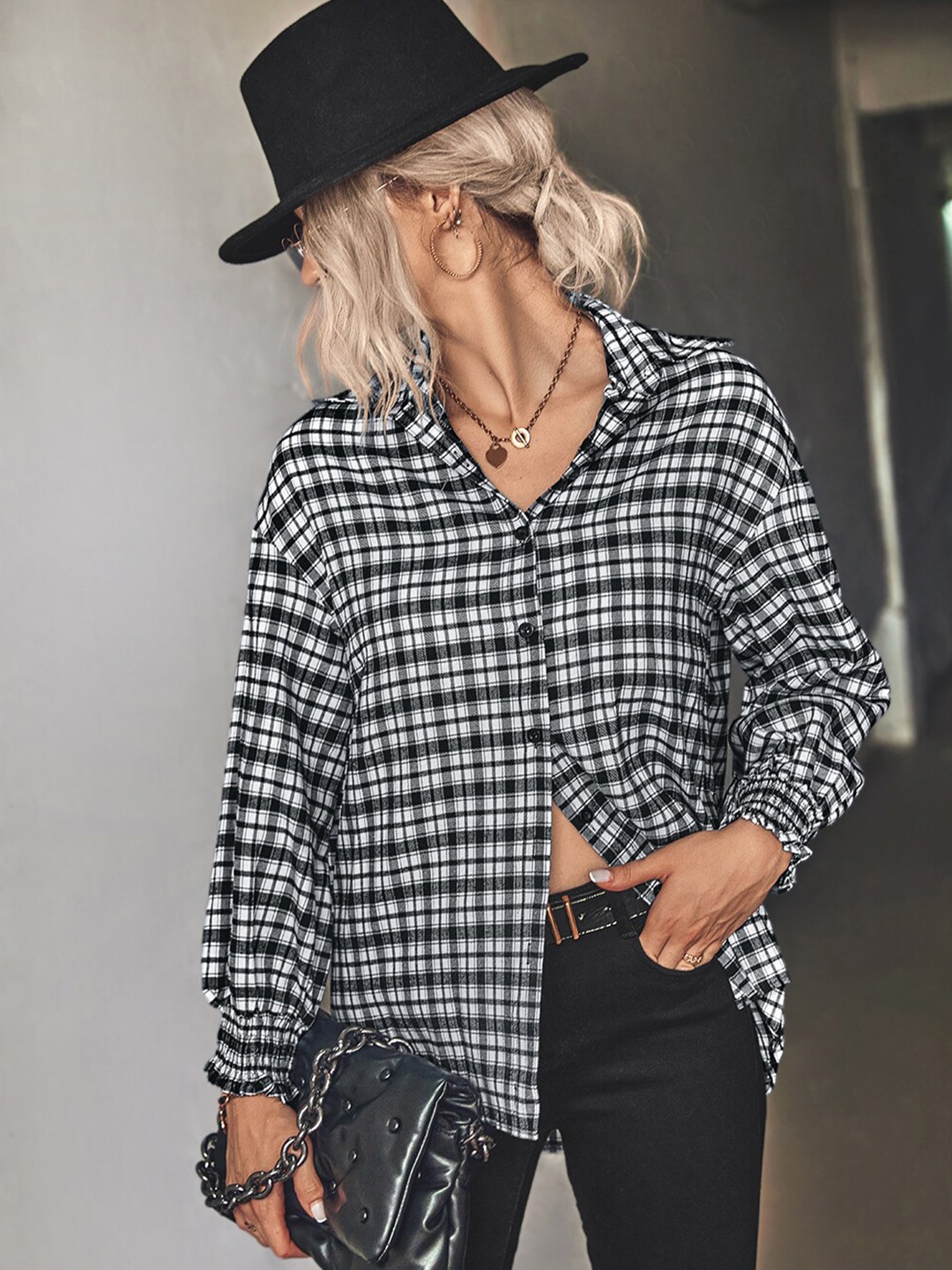 

BoStreet Women Black Checked Shirt Style Top