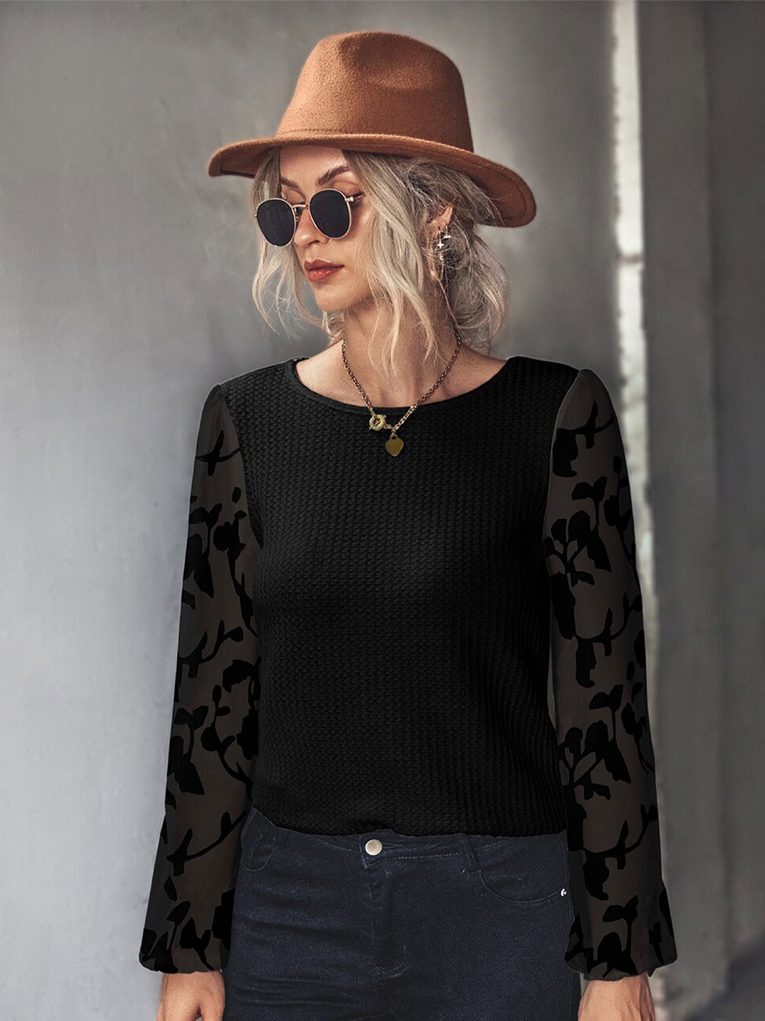 

BoStreet Woman Black Self Design Top