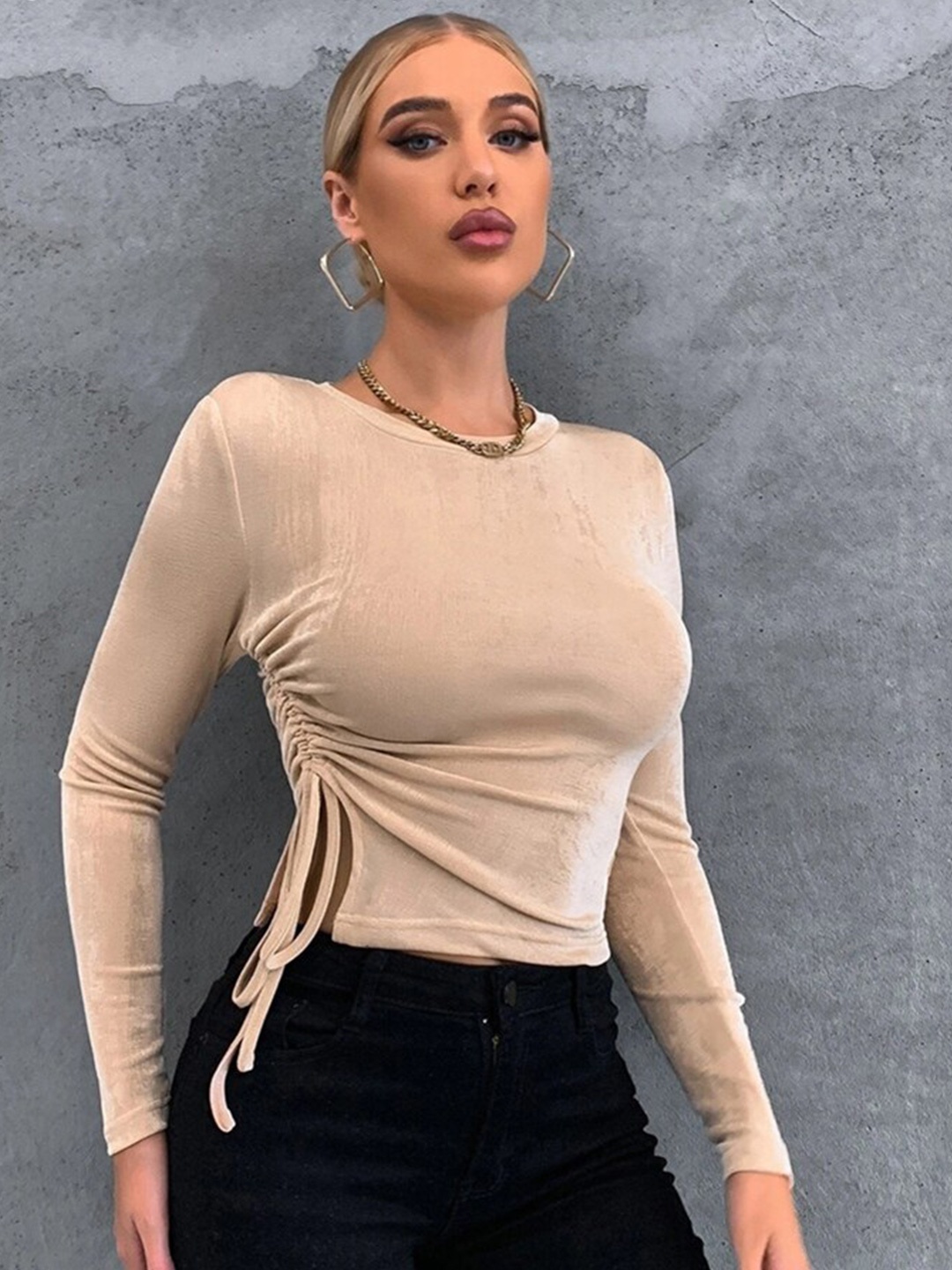 

BoStreet Women Beige Ruched Fitted Top