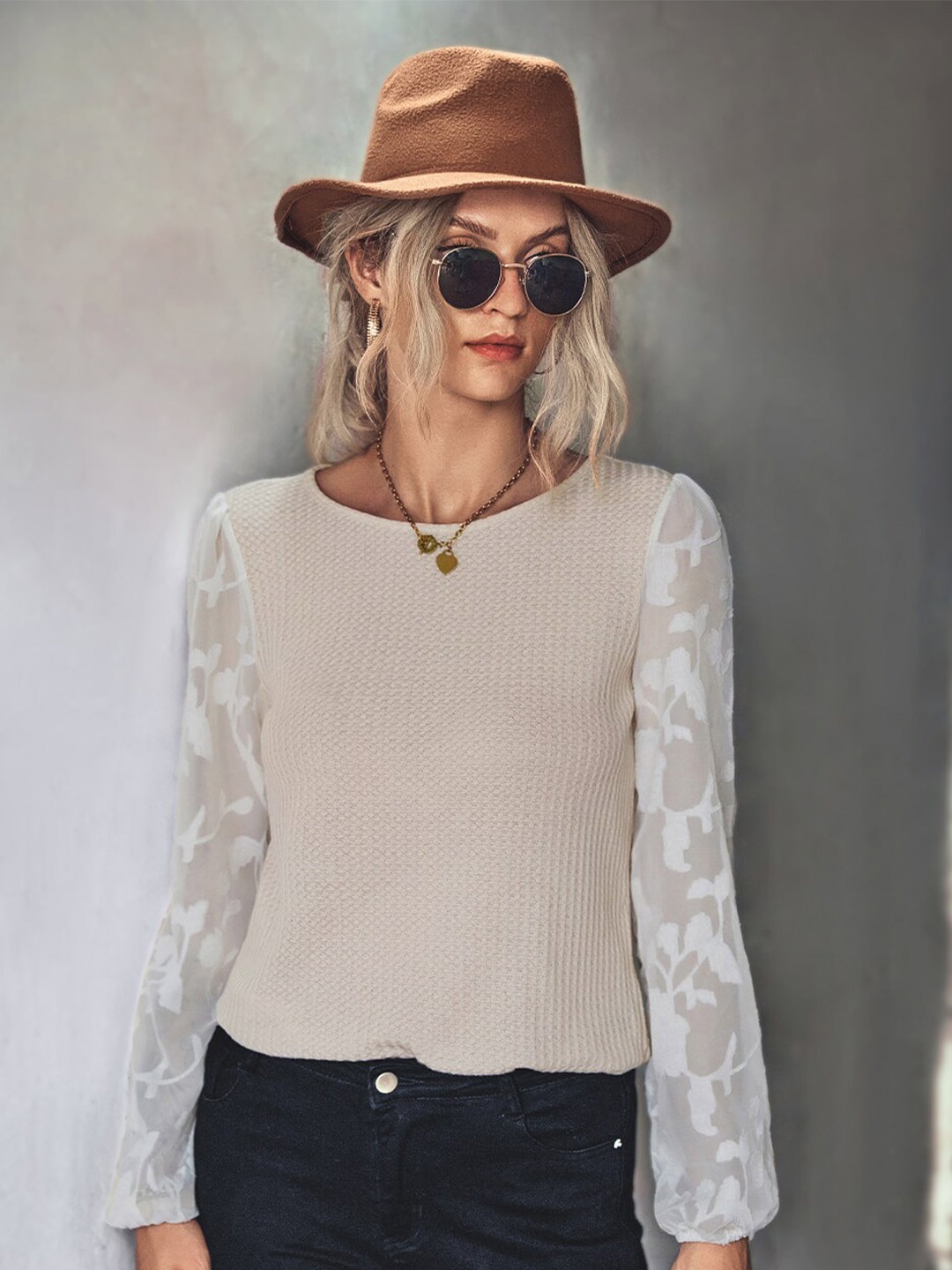 

BoStreet Woman Round neck Self Design Top, Beige