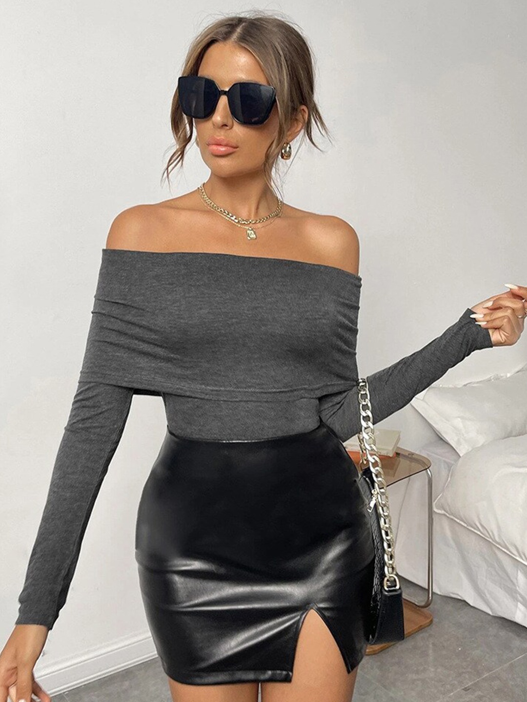 

StyleCast Women Grey Solid Off-Shoulder Bardot Top