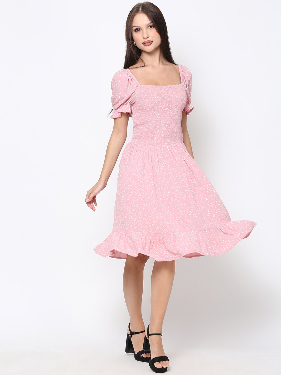 

DRIRO Women Pink Polka Dots Printed Poly Silk Dress