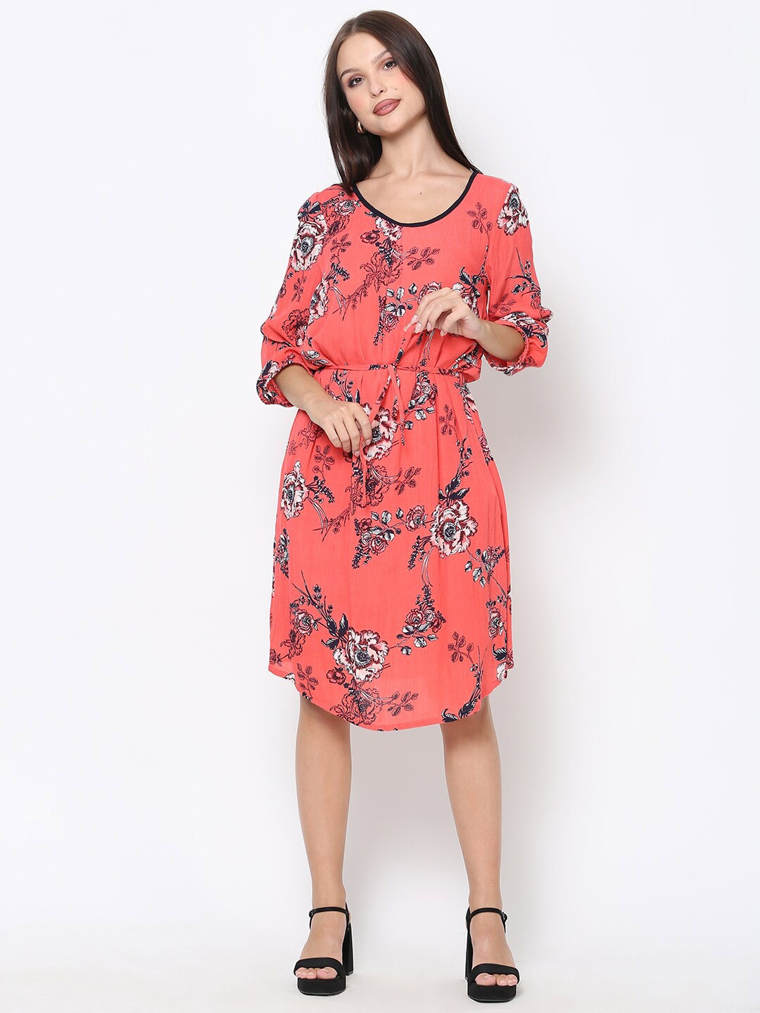 

DRIRO Floral Printed Polyester A-Line Dress, Rust
