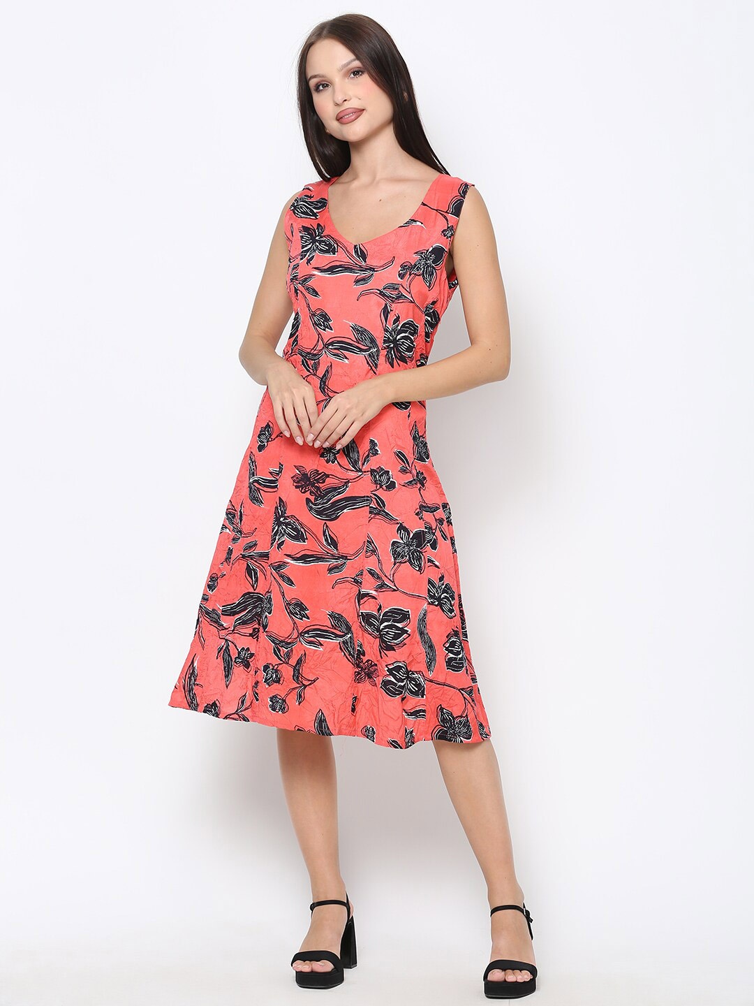 

DRIRO Women Floral Printed A-Line Midi Dress, Rust