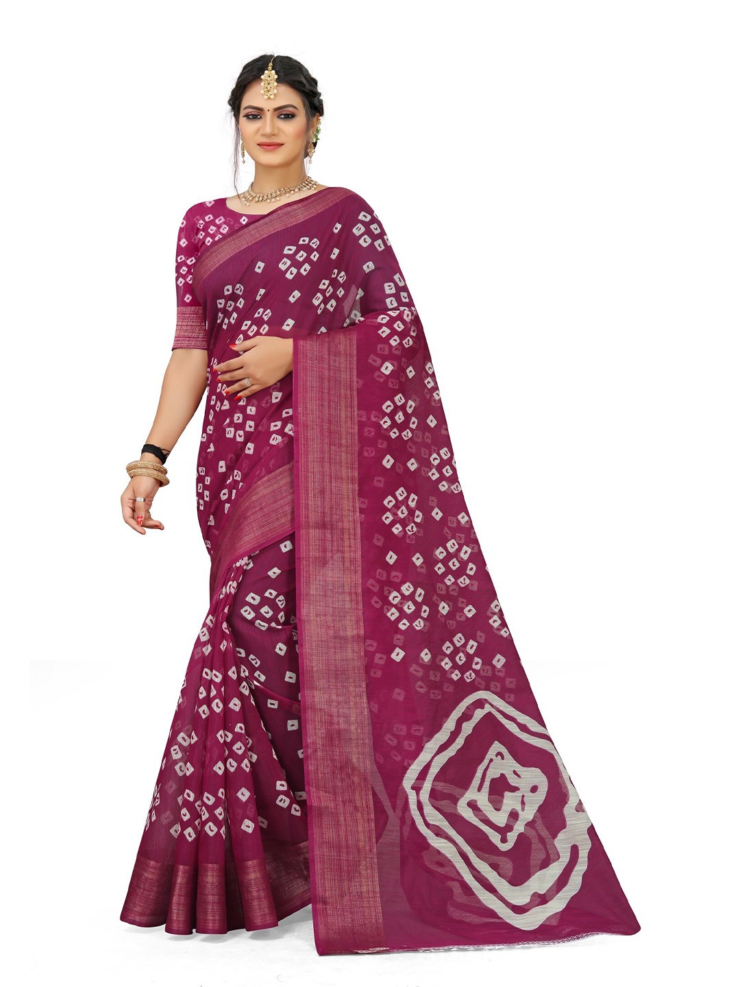 

KALINI Purple & White Bandhani Zari Printed Art Silk Mysore Silk Saree