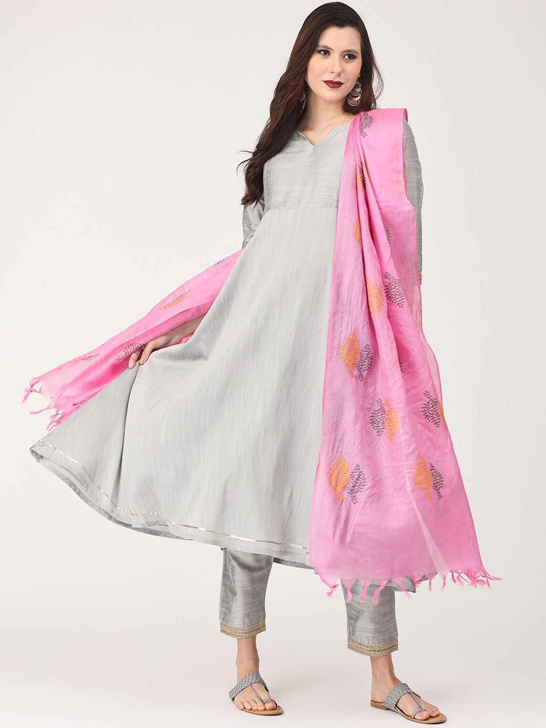 

The Mom Store Women Raw Silk Kurta with Trousers & With Dupatta, Grey