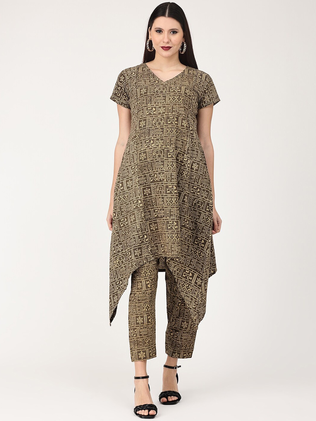 

The Mom Store Women Ethnic Motifs Printed Panelled Pure Cotton Kurta with Trousers, Olive