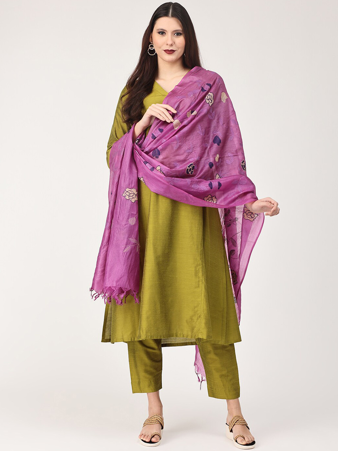 

The Mom Store Women Panelled Kurta with Trousers & With Dupatta, Olive