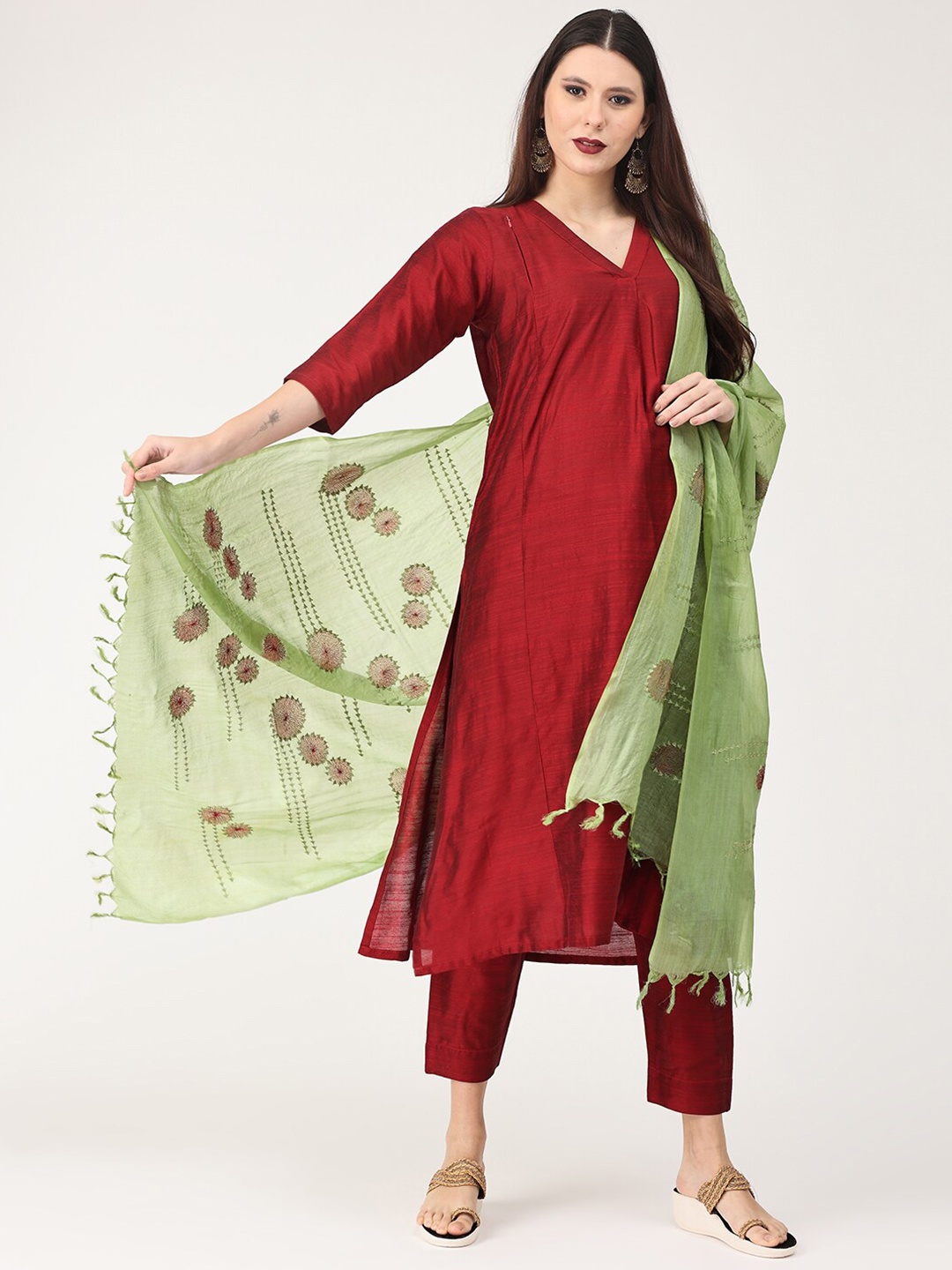 

The Mom Store Women Raw Silk Maternity Kurta with Trouser & Dupatta, Maroon