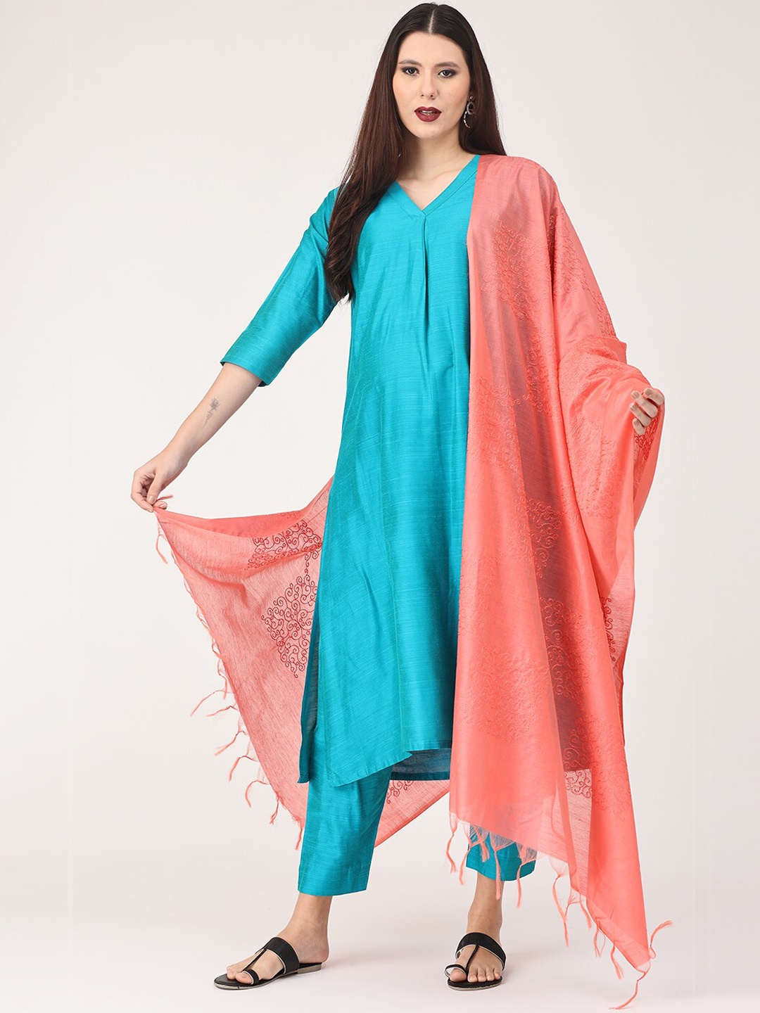 

The Mom Store Women Raw Silk Maternity Kurta with Trouser & Dupatta, Teal