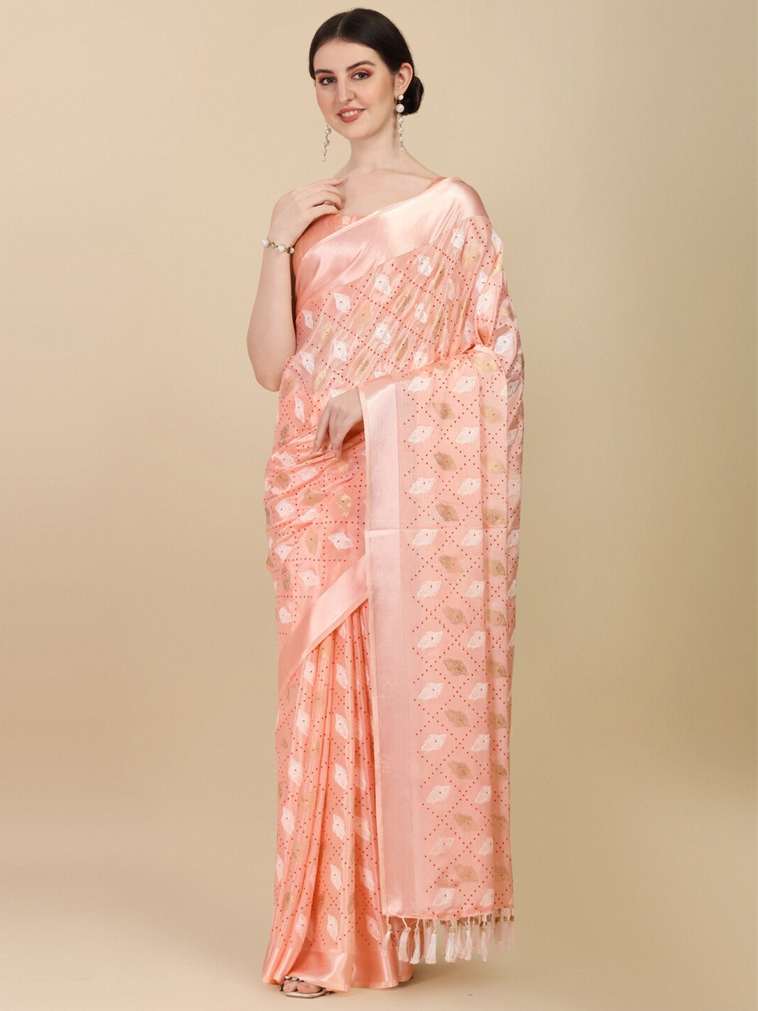 

Fab Viva Peach-Coloured & Maroon Floral Zari Satin Ready to Wear Saree