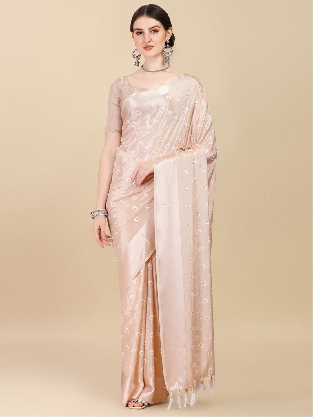 

Fab Viva Beige & White Floral Zari Satin Ready to Wear Saree