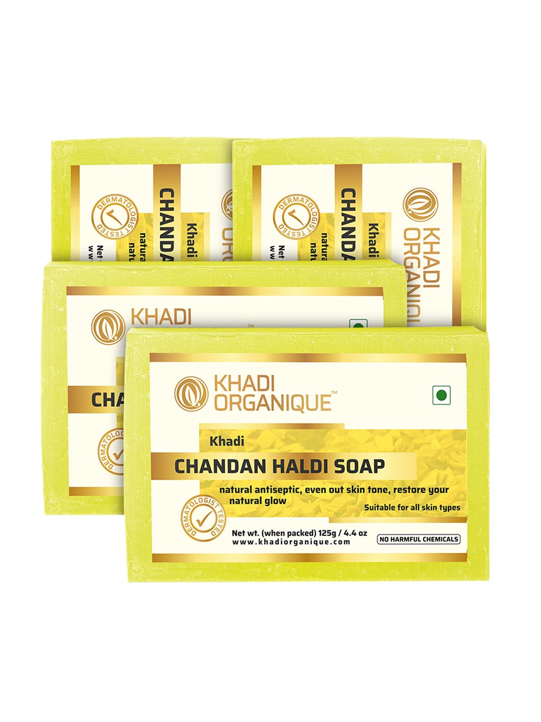 

Khadi Organique Set of 4 Chandan Haldi Handmade Soap 125 g (Each), Yellow