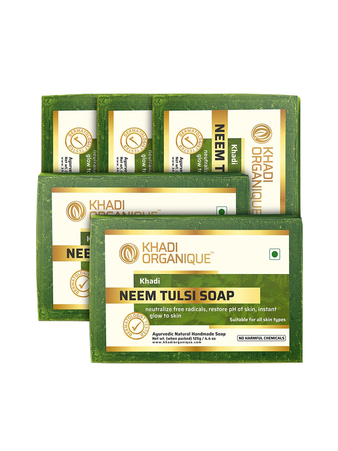 

Khadi Organique Set of 5 Neem Tulsi Handmade Soap with Essential Oils 125 g (Each), Green