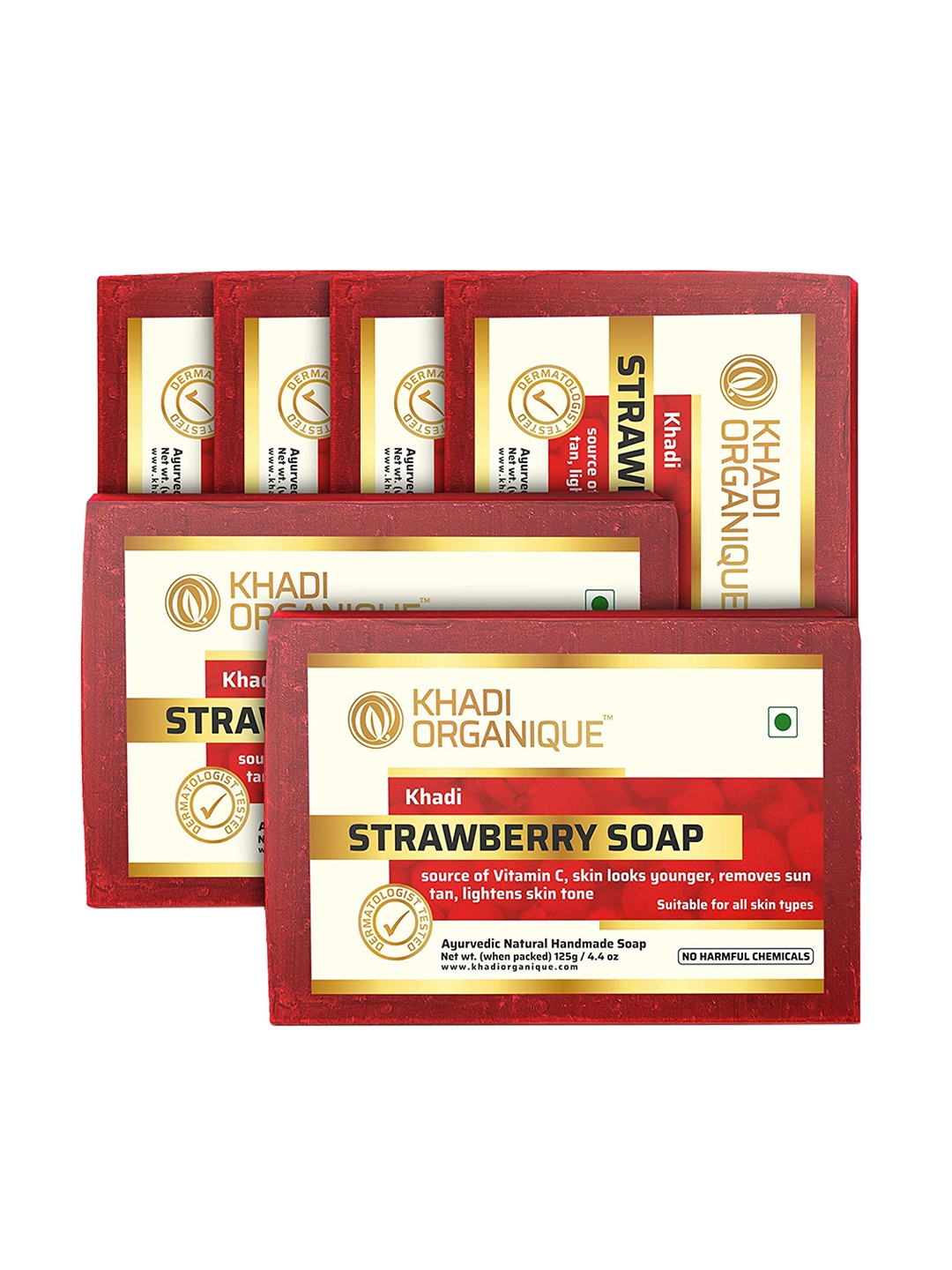 

Khadi Organique Set Of 6 Strawberry Herbal Soap with Essential Oils - 125g Each, Red