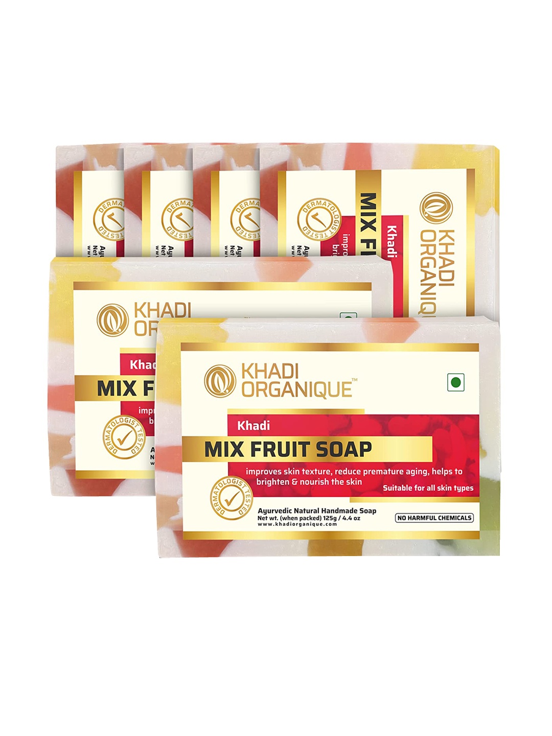 

Khadi Organique Set Of 6 Mix Fruit Handmade Soap 125g Each, Beige