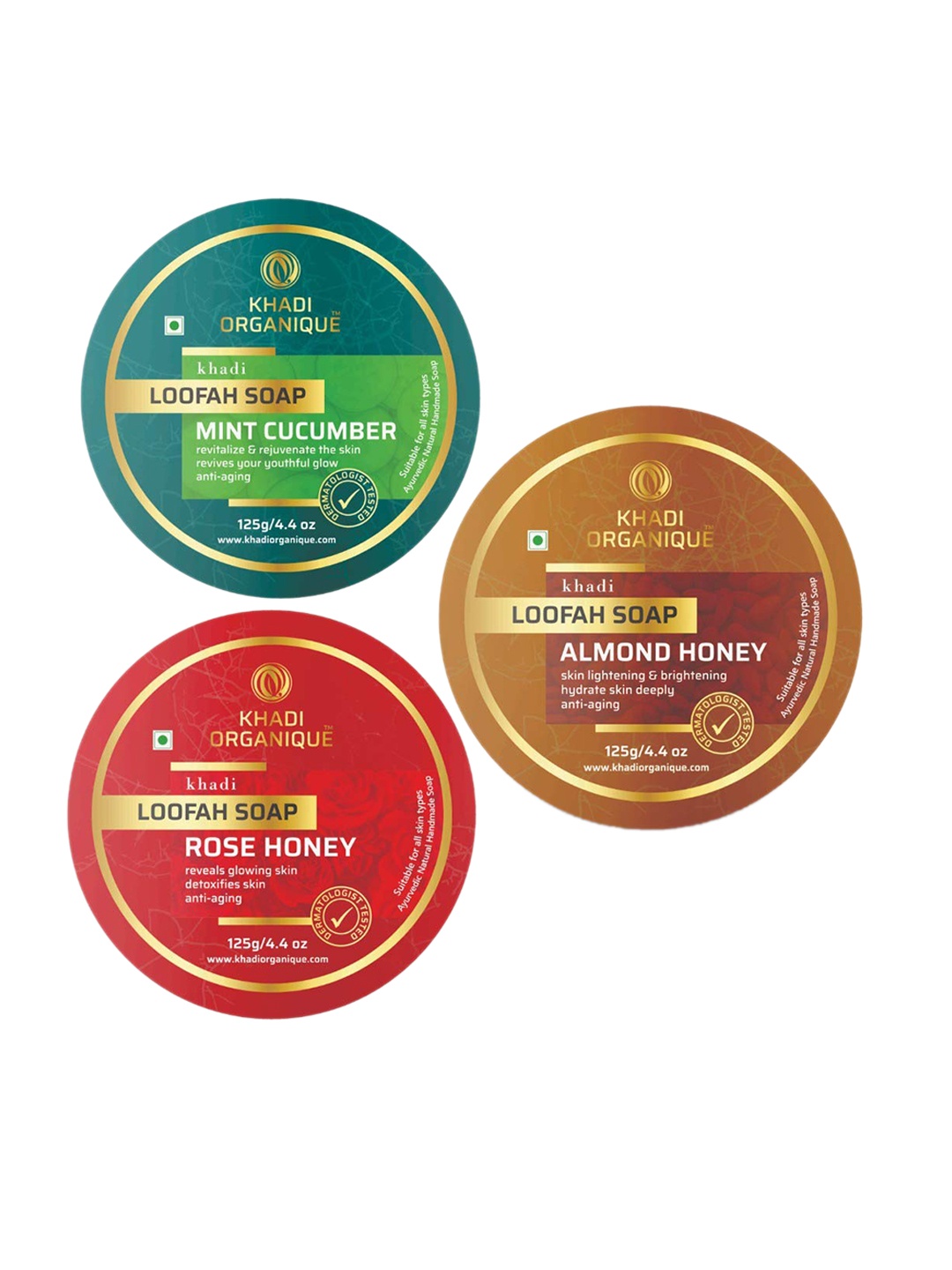 

Khadi Organique Set Of 3 Loofah Soaps - Almond Honey + Rose Honey + Mint Cucumber, Green