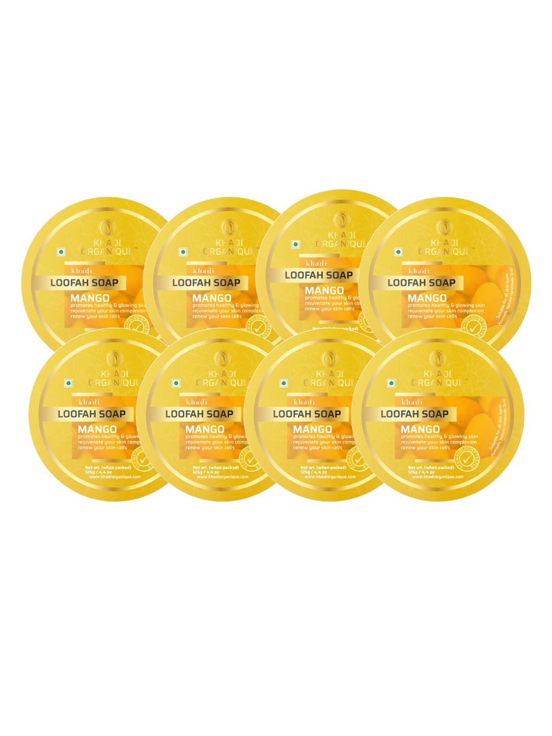 

Khadi Organique Set of 8 Mango Loofah Soap with Essential Oils 125 gm (Each), Yellow